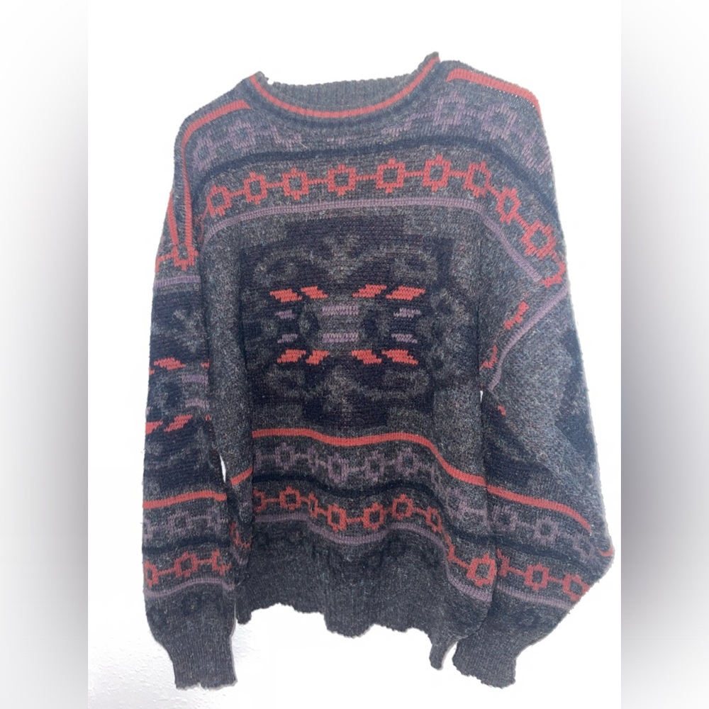 Expressions International L Wool Blend Mens Sweater Aztec Print grey red purple